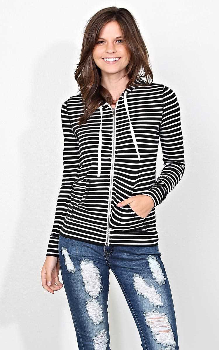 Roswell Striped Knit Hoodie - MED - Black Combo in Size Medium by Styles For Less