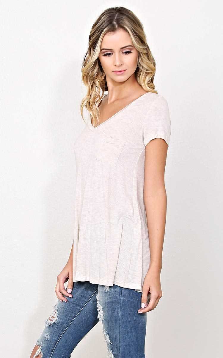 Bozzolo Oatmeal V Neck Knit Pocket Tee - - Oatmeal in Size by Styles For Less