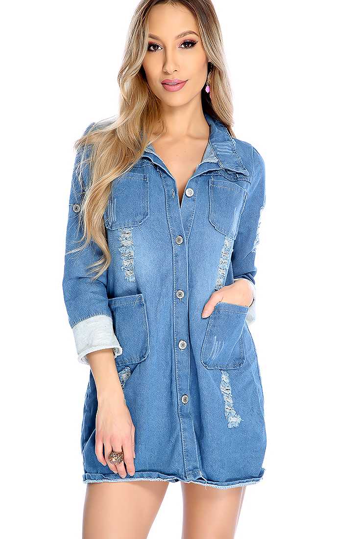 Sexy Blue Distress Detail Quarter Sleeve Casual Dress