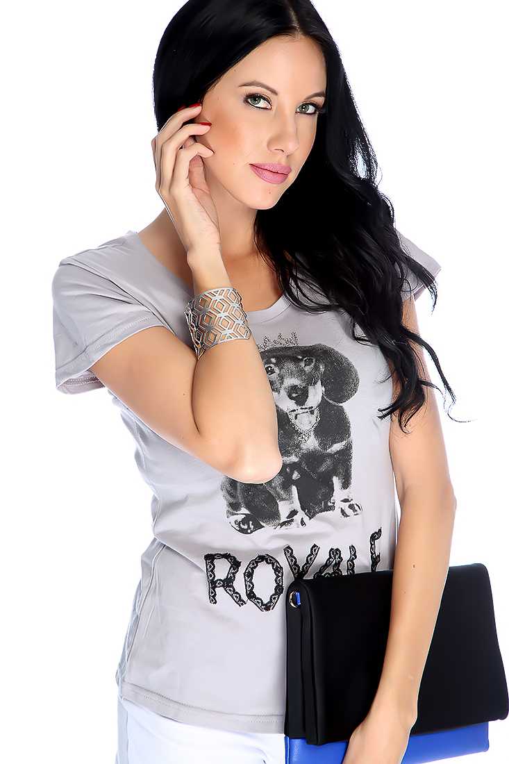 Casual Grey Short Sleeve Puppy Graphic Print Top