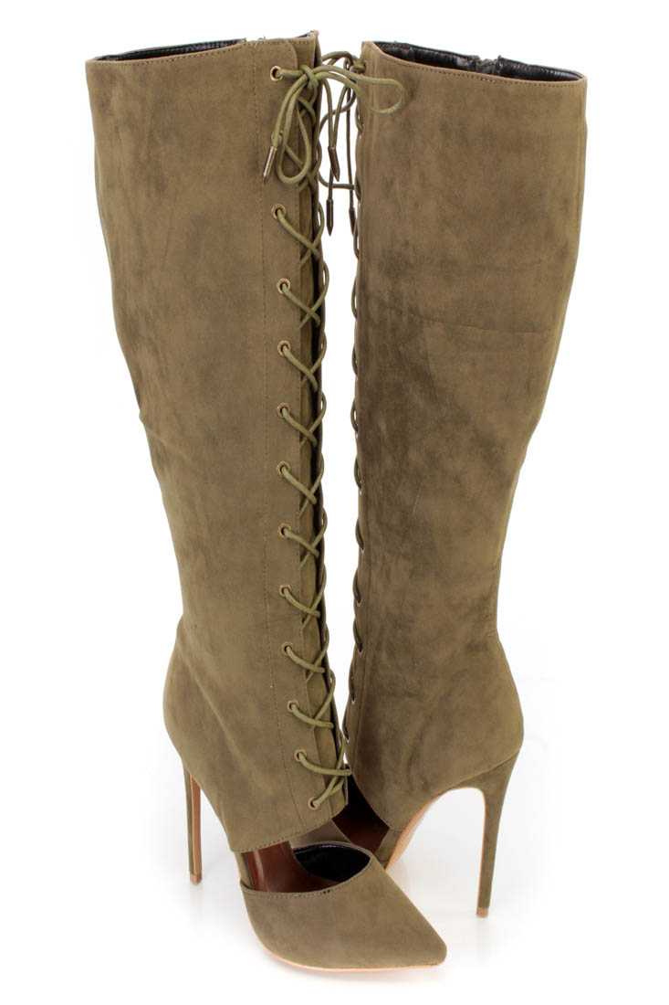 Olive Knee High Single Sole High Heel Boots Faux Suede