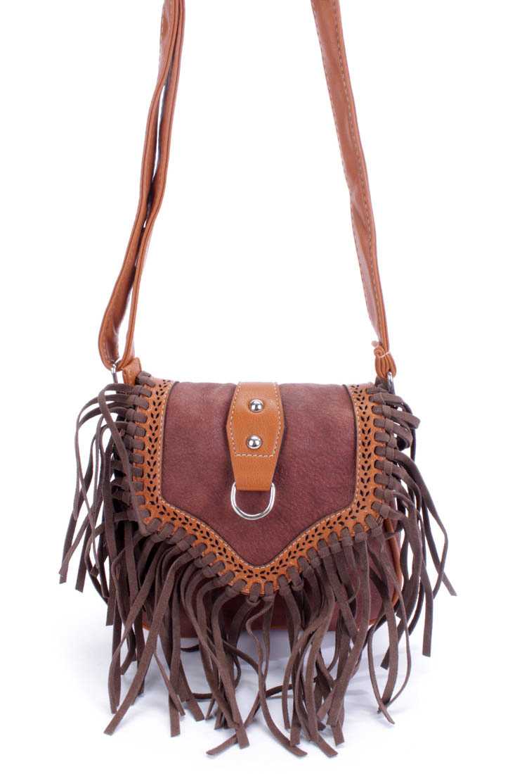 Cognac Two Tone Faux Leather Fringe Accent Saddle Handbag