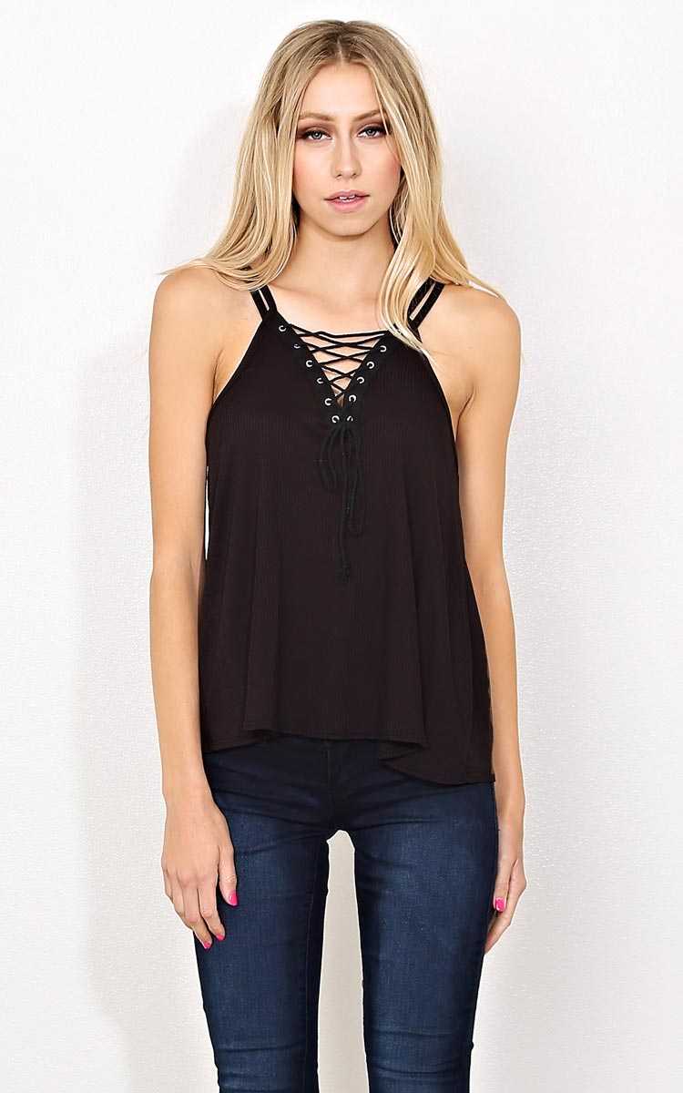 Lily Rib Knit Lace Up Tank - - Black in Size by Styles For Less