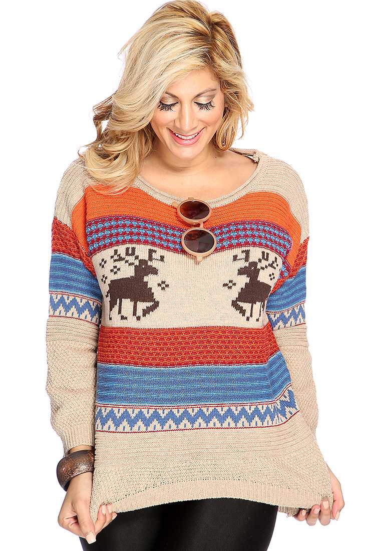 Beige Orange Knitted Fair Isle Sweater