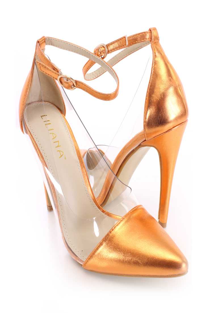 Orange Clear Single Sole High Heels Metallic Faux Leather