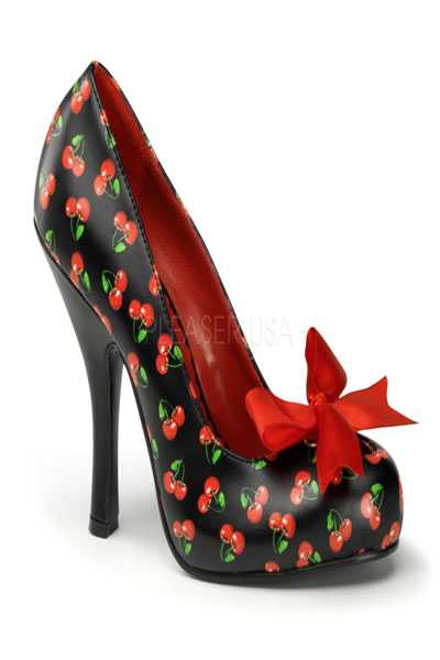 Black Red Faux Leather Cherry Print Bow Accent High Heels