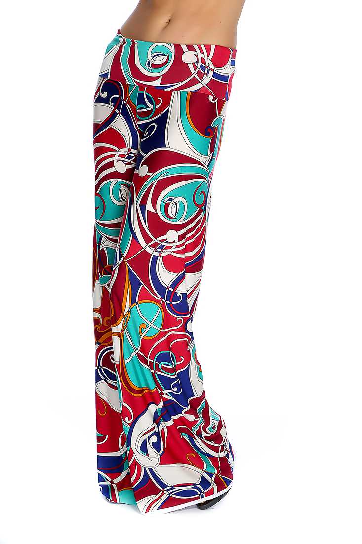 Wine Jade Geometric Print Wide Leg Cute Casual Pants