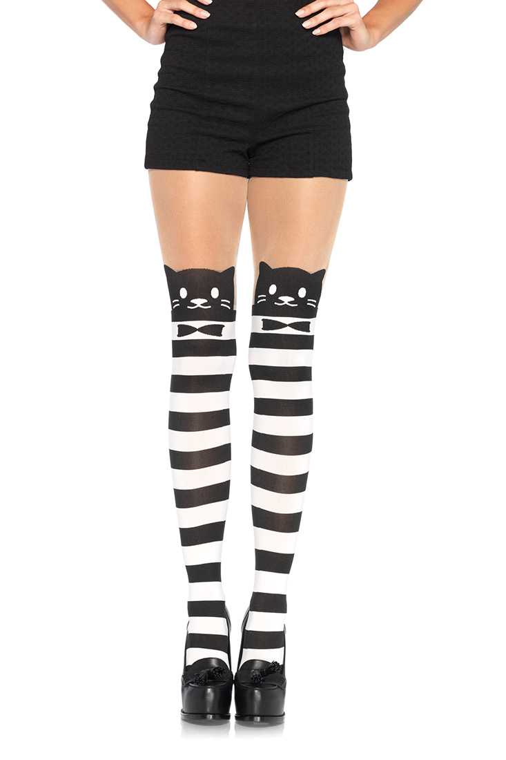 Black White Fancy Cat Striped Pantyhose Hosiery