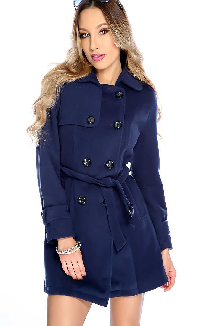 Stylish Navy Long Sleeve Button Up Front Coat