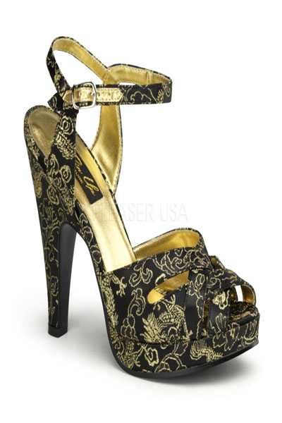 Black Gold Printed Fabric Cross Strappy Peep Toe High Heels