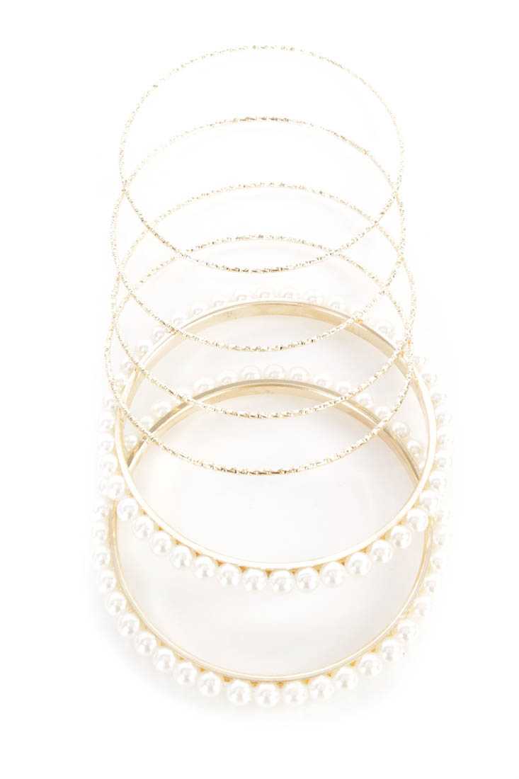 Gold Pearl Detail Texture Print Bangle Set