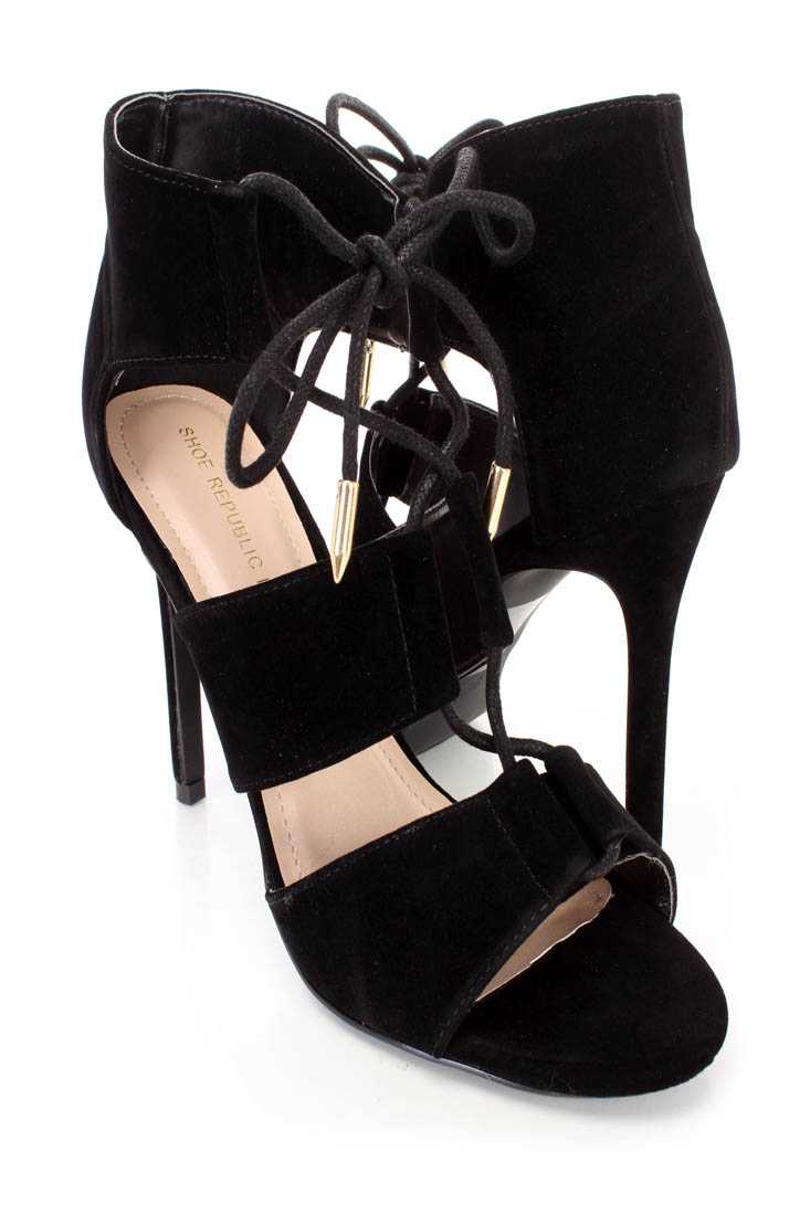 Black Strappy Tie Single Sole Booties Faux Suede