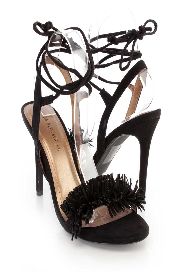 Black Fringe Strap Wrap Around Single Sole High Heels Faux Suede