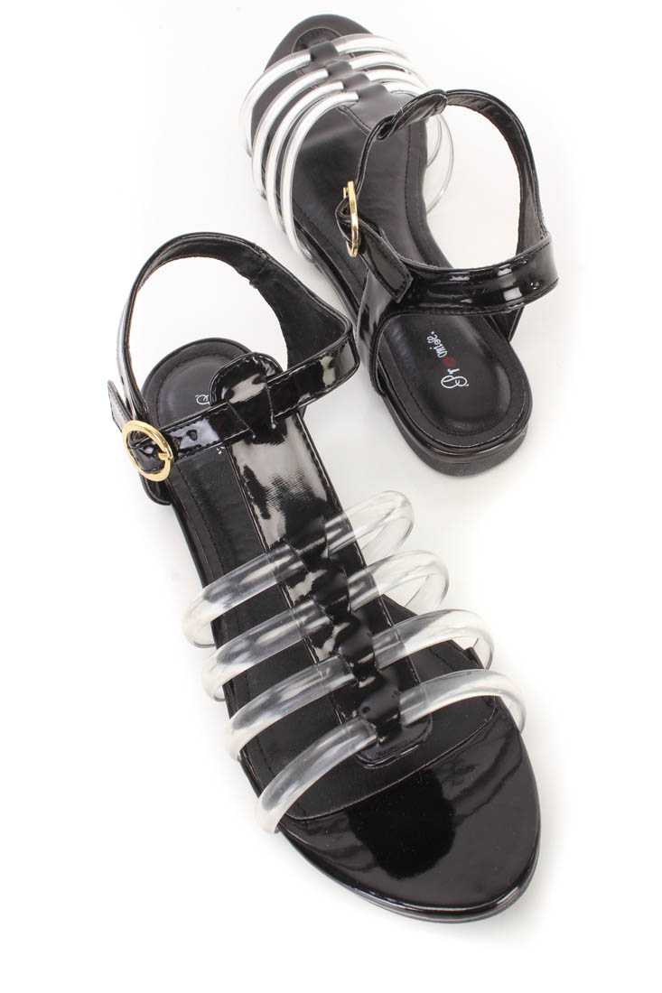 Black Clear Strappy Jelly Sandals Patent Faux Leather