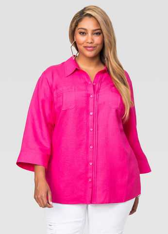 Pintuck Button Front Linen Shirt