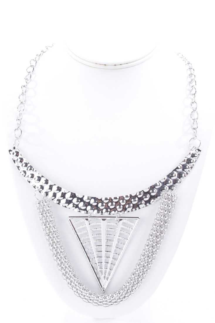 Silver Textured Pendants with Cutout Design Statement Necklace