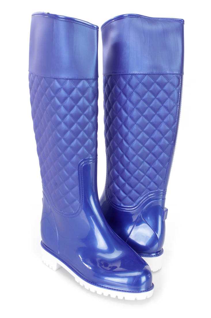 Blue Stitched Quilted Rain Boots Rubber