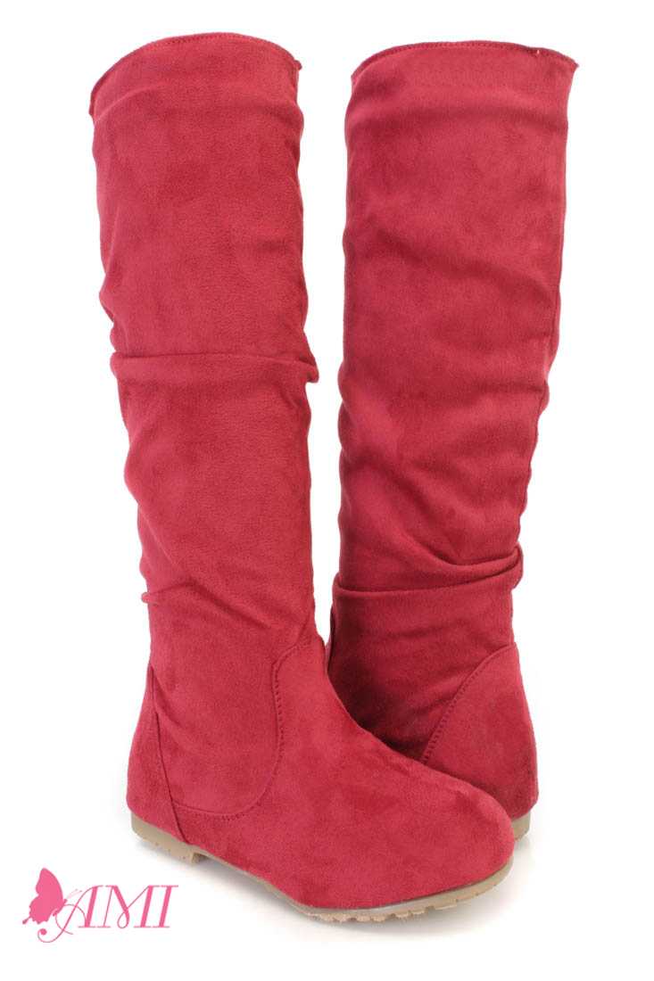 Red Slouchy Mid Calf Casual Boots Faux Suede