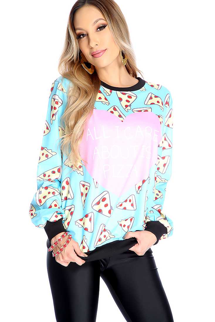 Pink Blue Long Sleeve Pizza Print Sweater Top