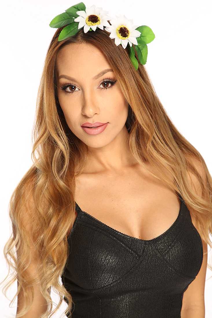 White Floral Leaf Accent Adorable Summer Ribbon Headband