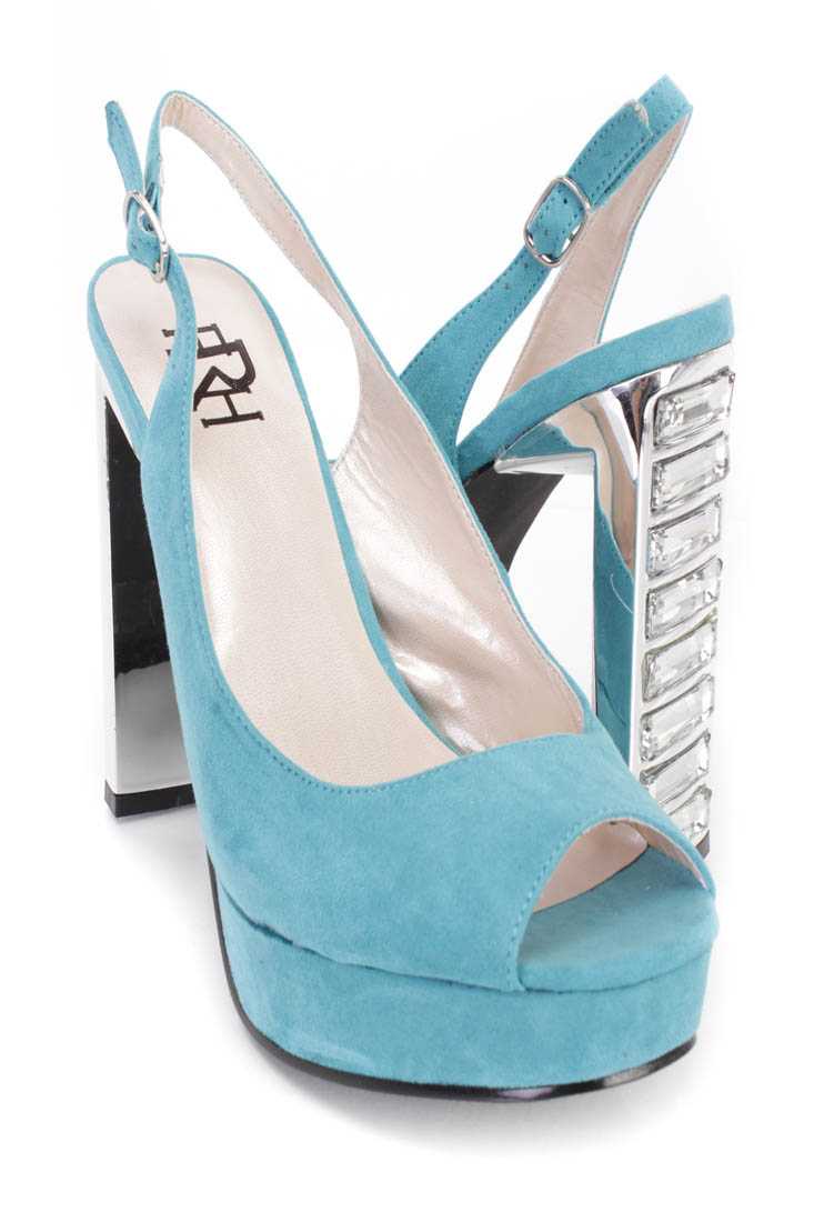 Mint Peep Toe Slingback Gemstone High Heels Faux Suede