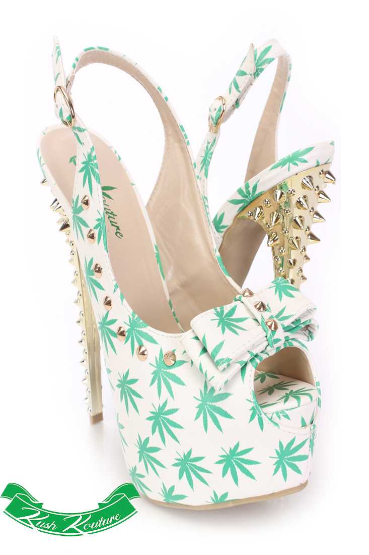Green White Studded Peep Toe Sling Back High Heels Faux Leather