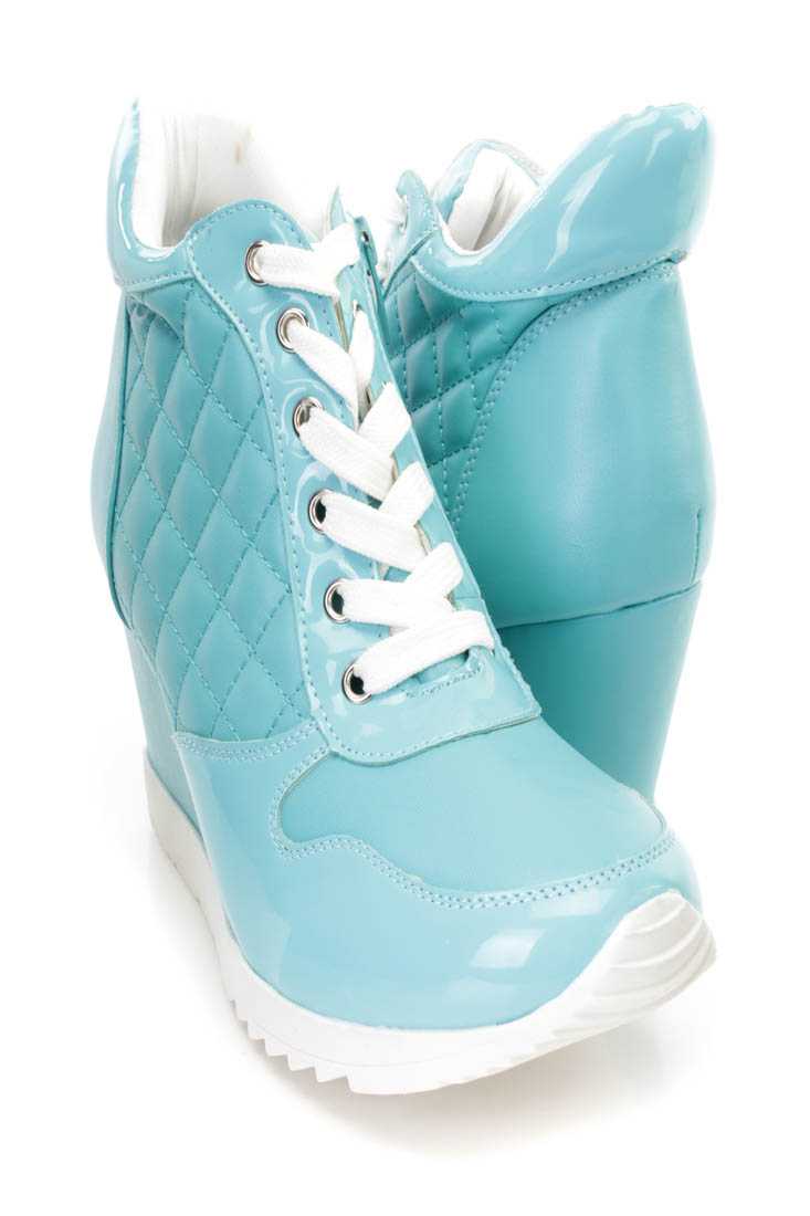 Blue Quilted Lace Up Sneaker Wedges Faux Leather