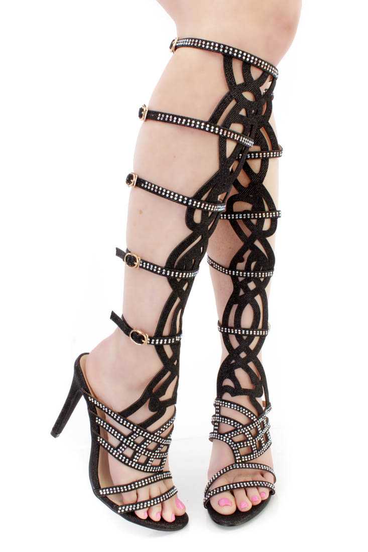 Black Rhinestone Single Sole Gladiator High Heels Glitter