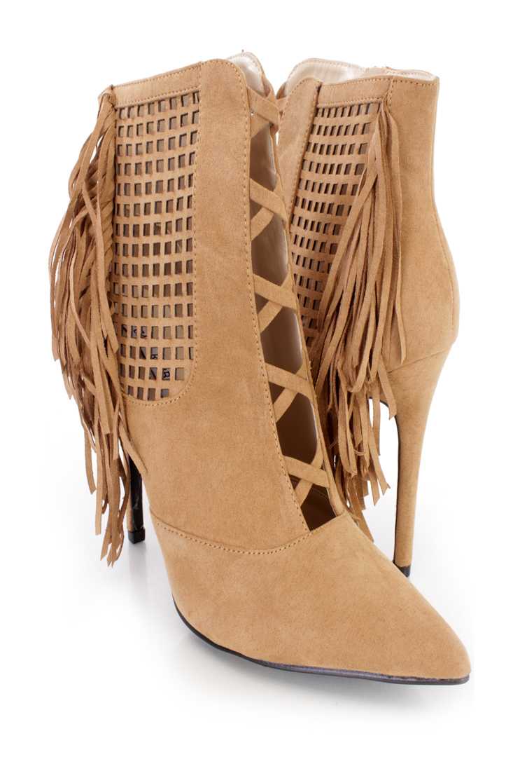Camel Perforated Fringe Ankle Booties Faux Suede