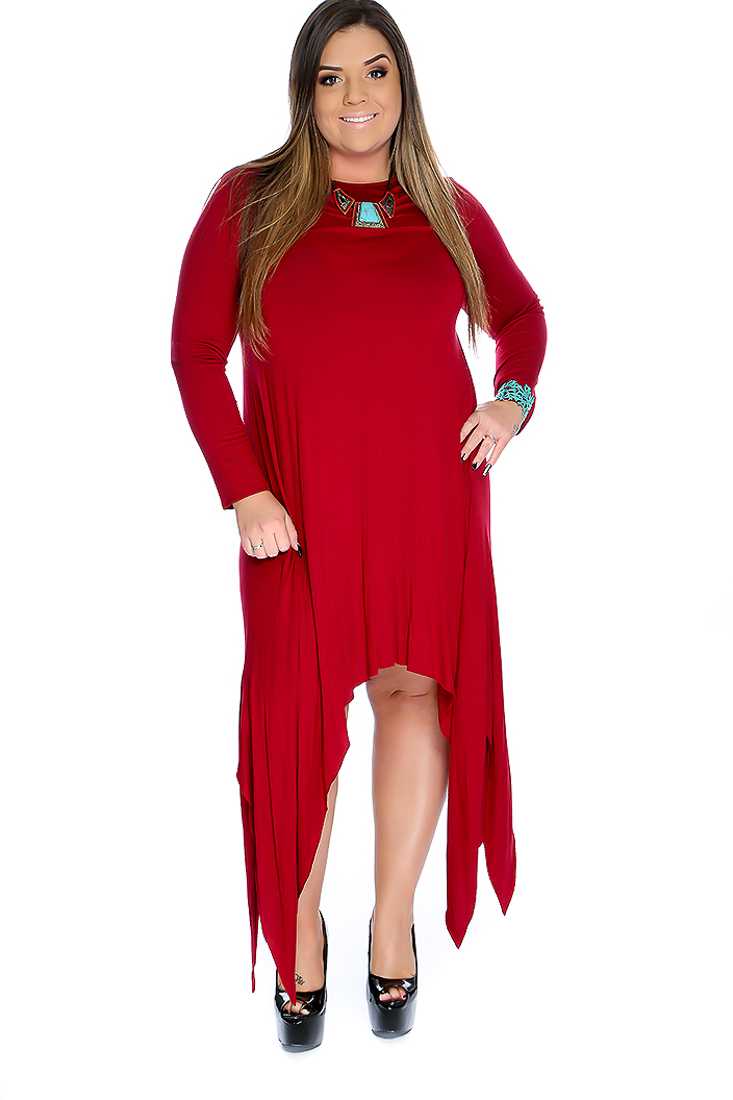 Wine Long Sleeves Asymmetrical Hem Plus Size Causal Dress