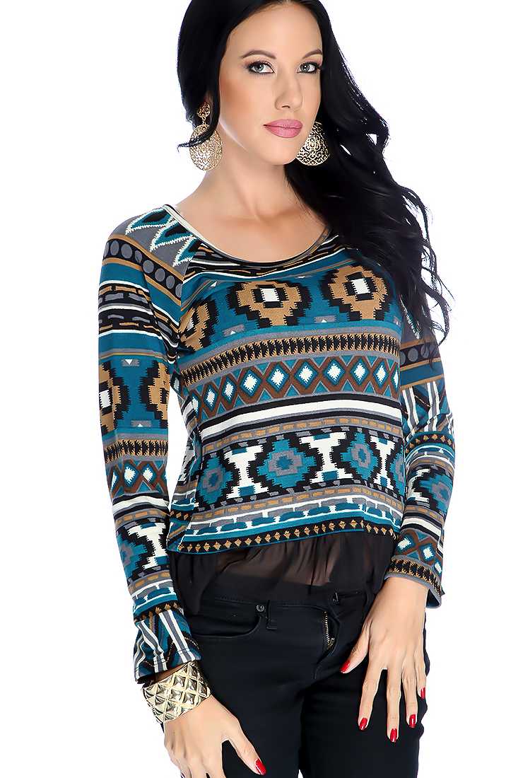 Teal Black Long Sleeve Tribal Print Mesh Hem Casual Top