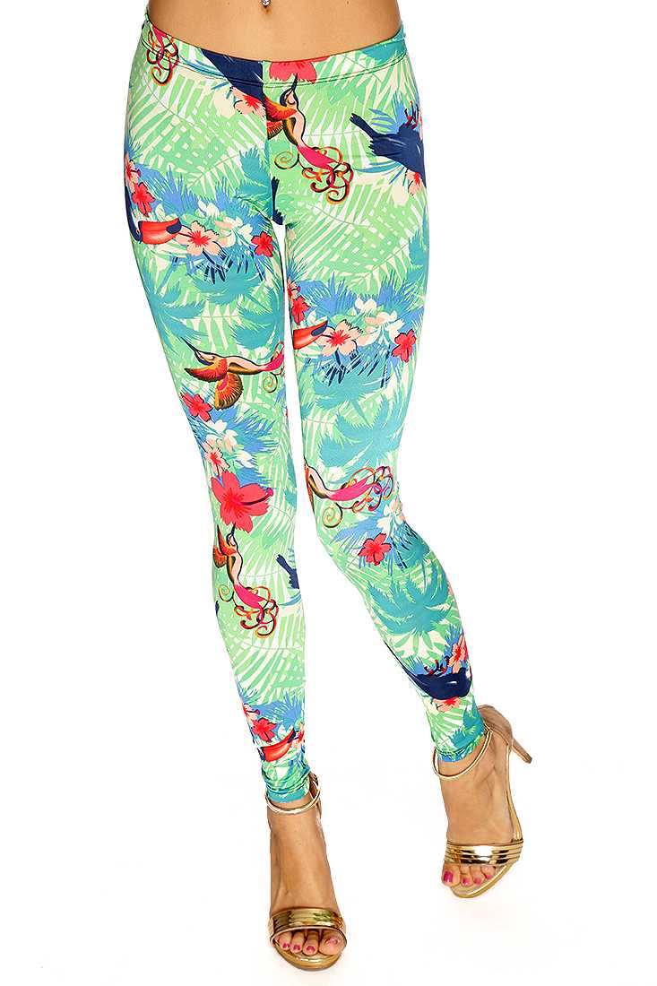 Lime Green Humming Bird Floral Print Leggings