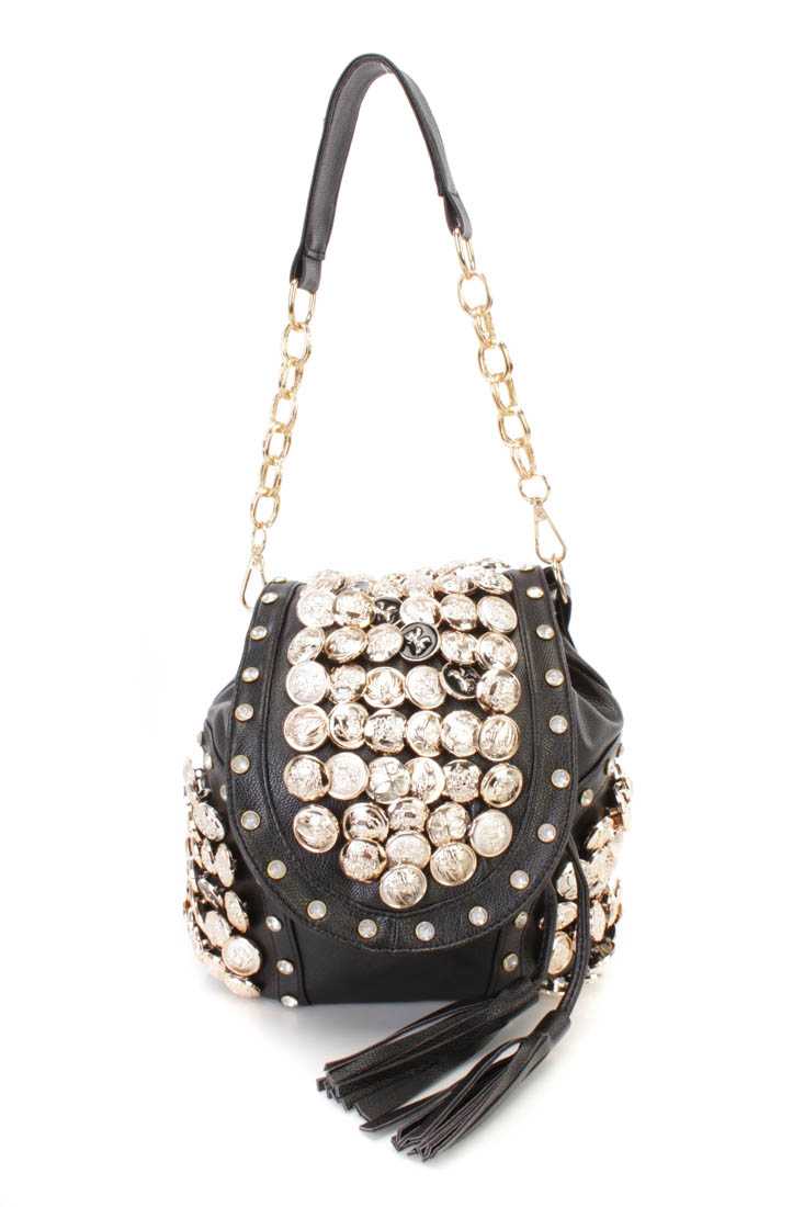 Black High Polish Metal Detail Faux Leather Handbag