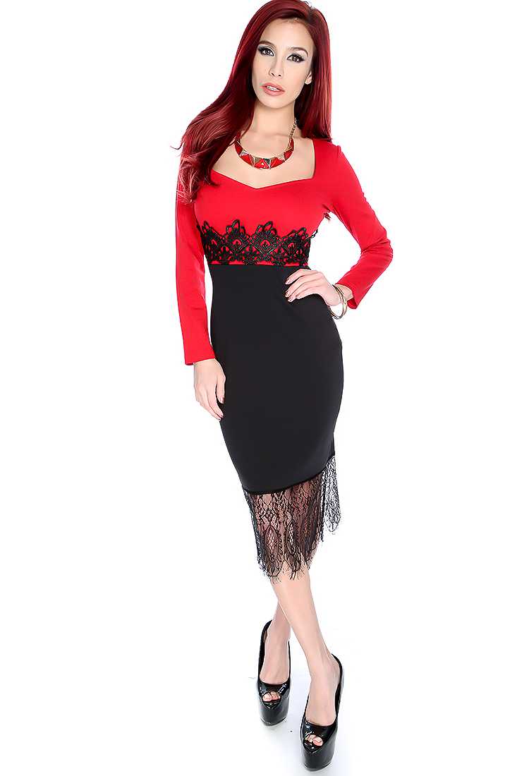 Red Black Two Tone Crochet Scallop Long Sleeve Party Dress