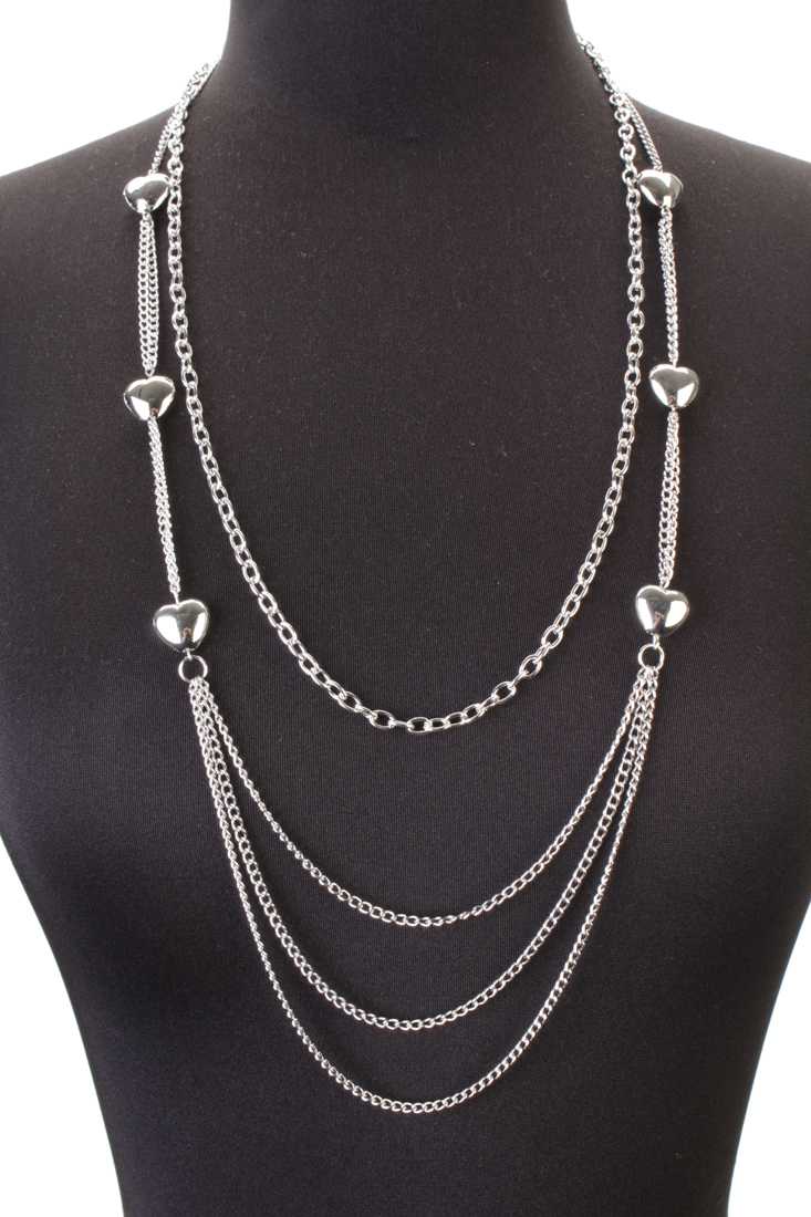 Silver High Polish Heart Draped Chain Necklace