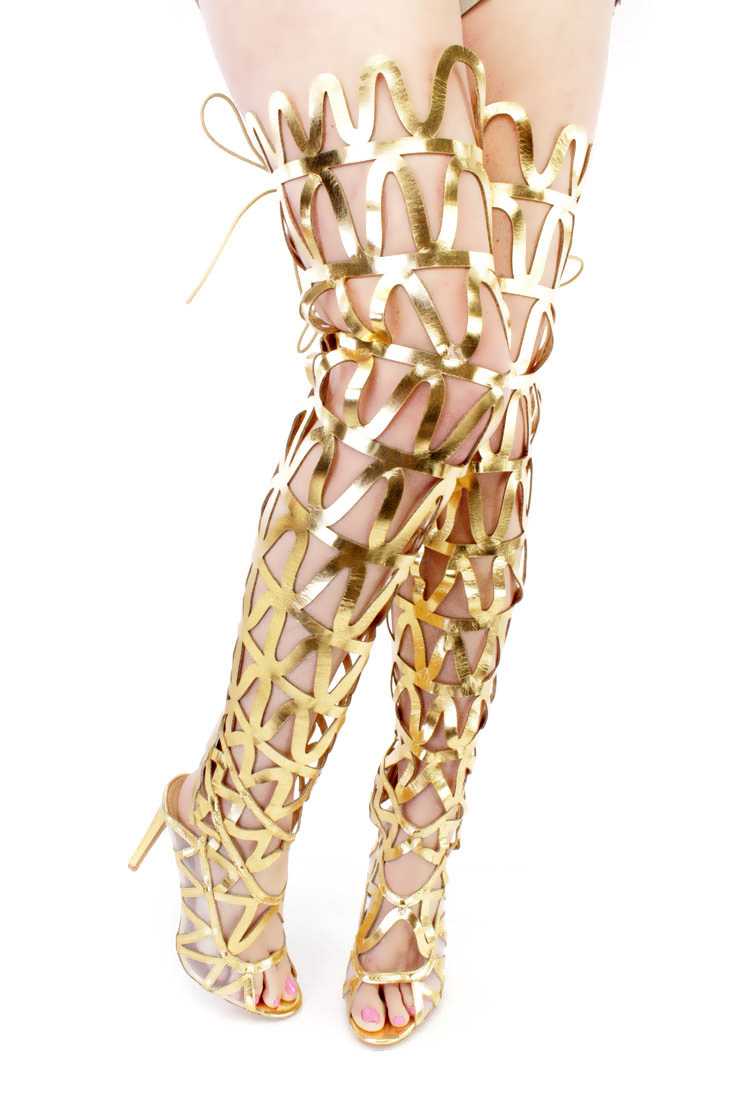 Gold Cut Out Design Gladiator High Heels Faux Leather