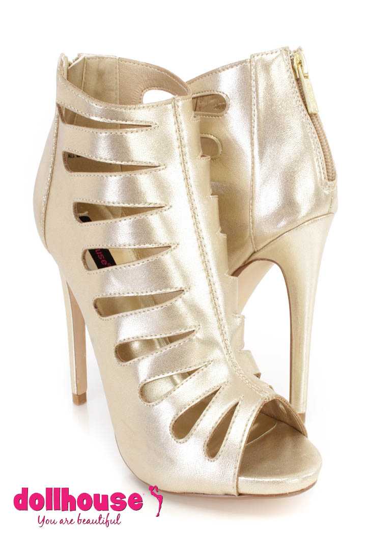 Gold Metallic Cut Out Peep Toe Bootie Heels Faux Leather
