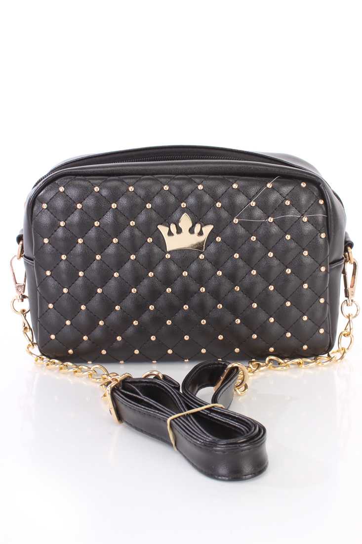 Black High Polish Crown Accent Studded Textured Handbag