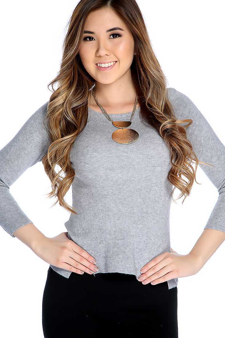 Grey Quarter Sleeve Cut Out Hem Casual Top