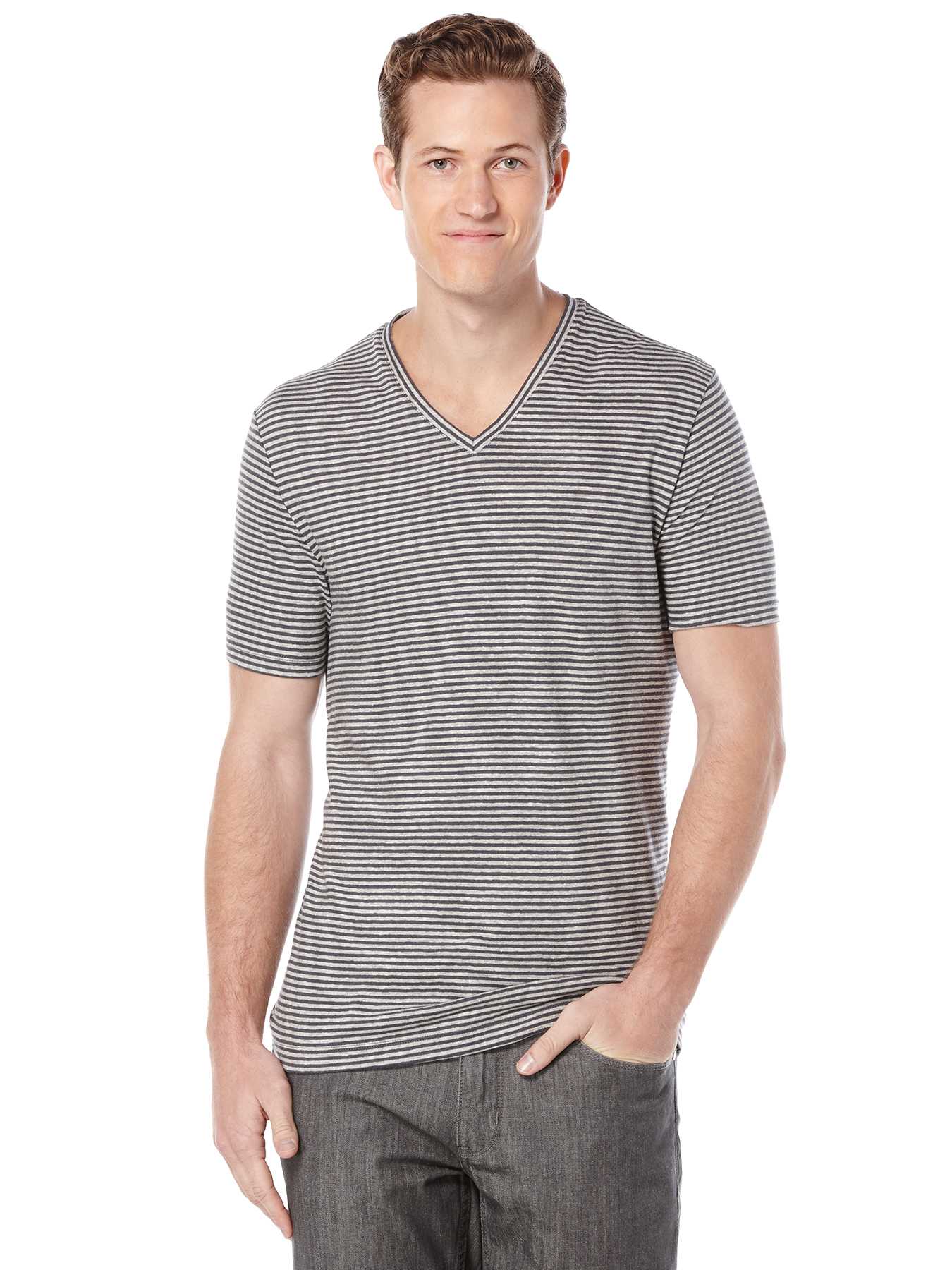 Perry Ellis Short Sleeve Linen Stripe V-Neck Shirt