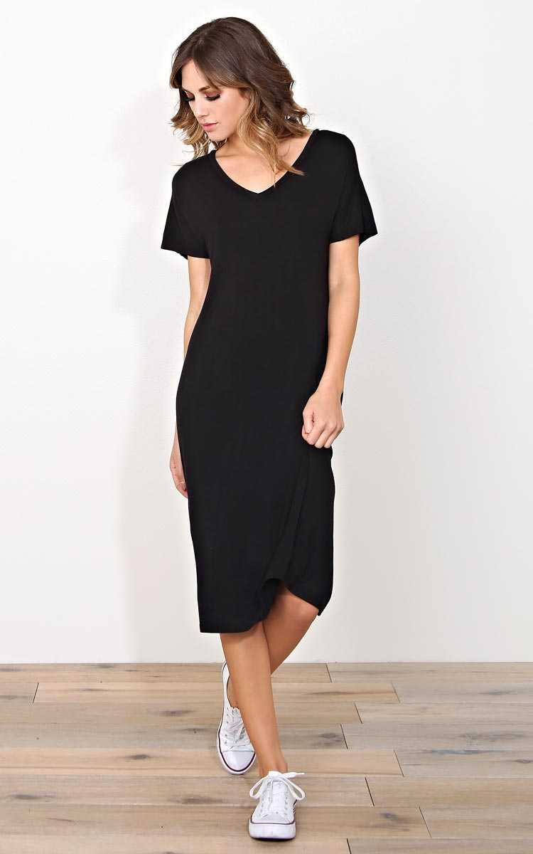 Casual V Neck Tshirt Dress - SML - Black in Size Small by Styles For Less
