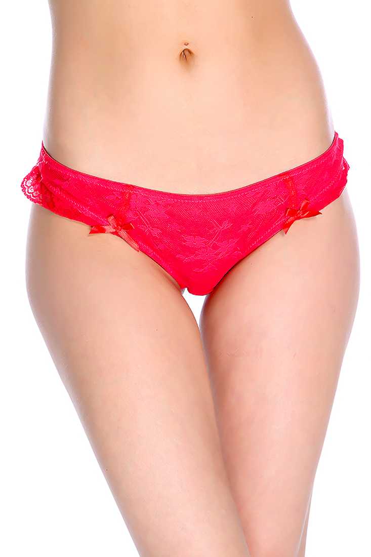 Sexy Red Bow Detail Floral Lace Overlay Pantie