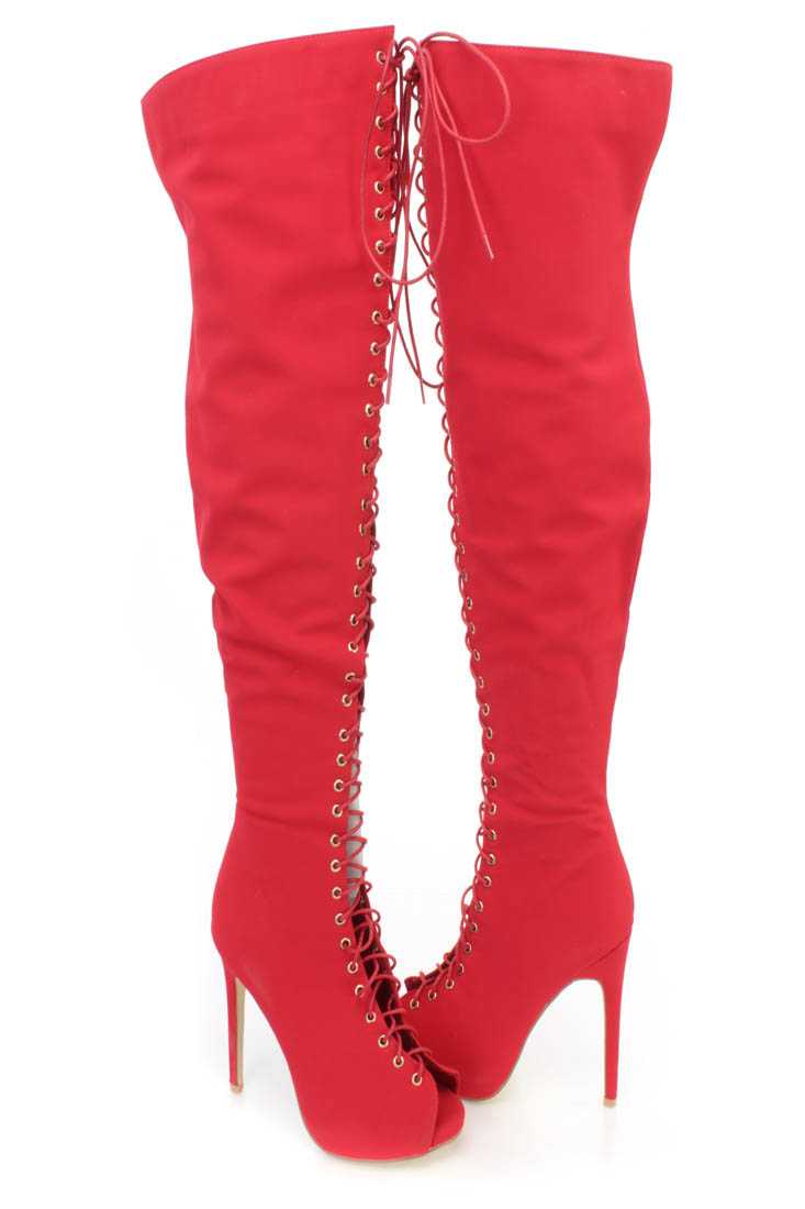 Red Lace Up Thigh High Peep Toe Heel Boots Nubuck