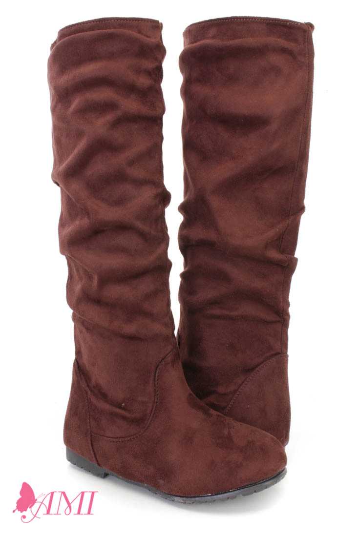 Brown Slouchy Mid Calf Casual Boots Faux Suede