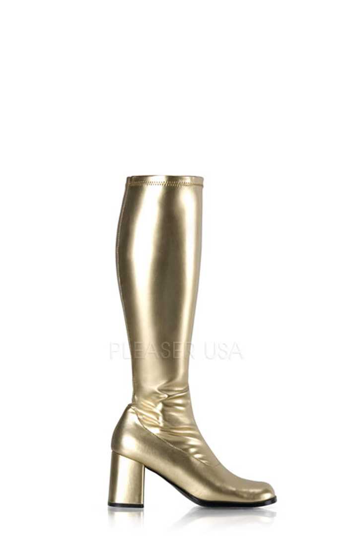 Gold Chunky Heel GoGo Boots Metallic Faux Leather