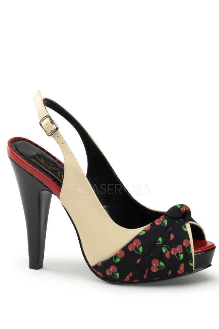 Cream Black Cherry Print Slingback High Heels Faux Leather