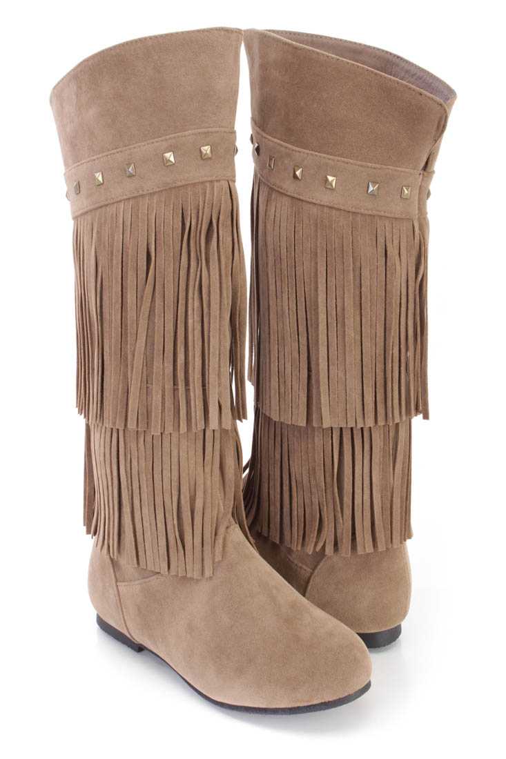 Taupe Fringe Tiered Studded Boots Faux Suede