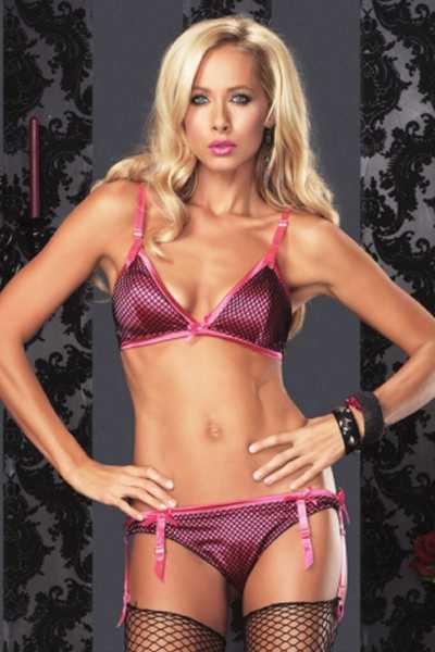 2 PIECE SATIN BRA FISHNET OVERLAY GARTER STRAP SET