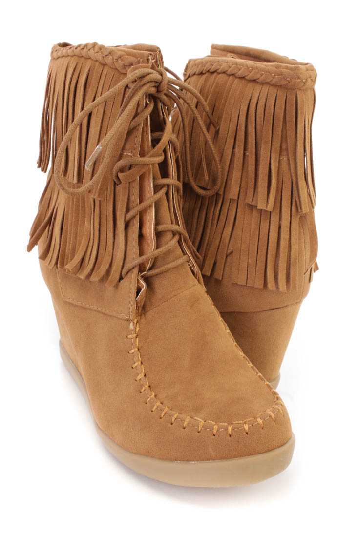 Tan Fringe Ankle Wedge Booties Faux Suede