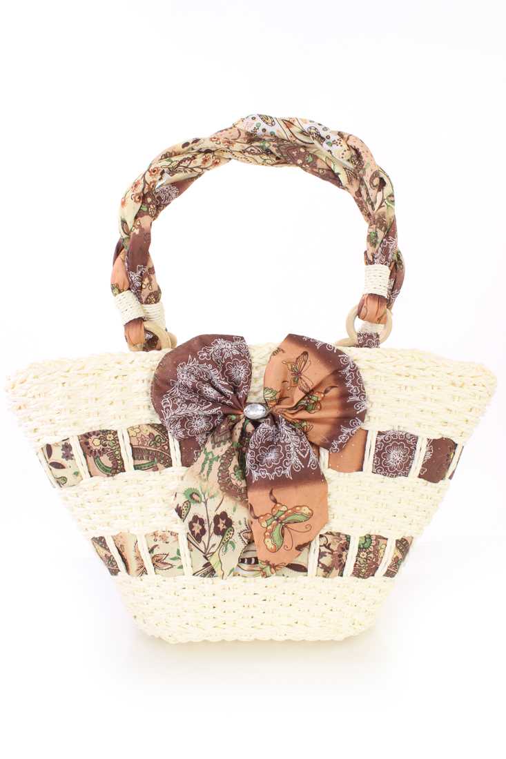Brown Straw Ribbon Woven Bow Accent Handbag